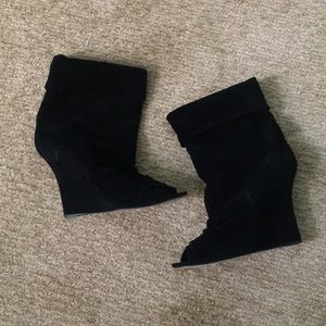 Suede peep-toe wedge booties